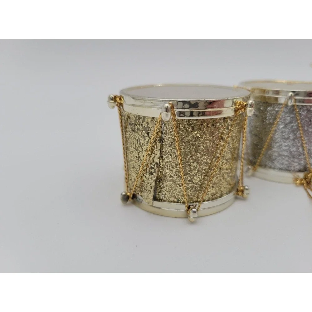 Vintage Lot Of 4 Glitter Drum Christmas‎ Ornaments Gold Red Silver Hanging